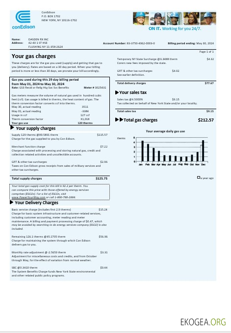 Modèle de facture de services publics de gaz USA Con Edison aux formats Word et PDF